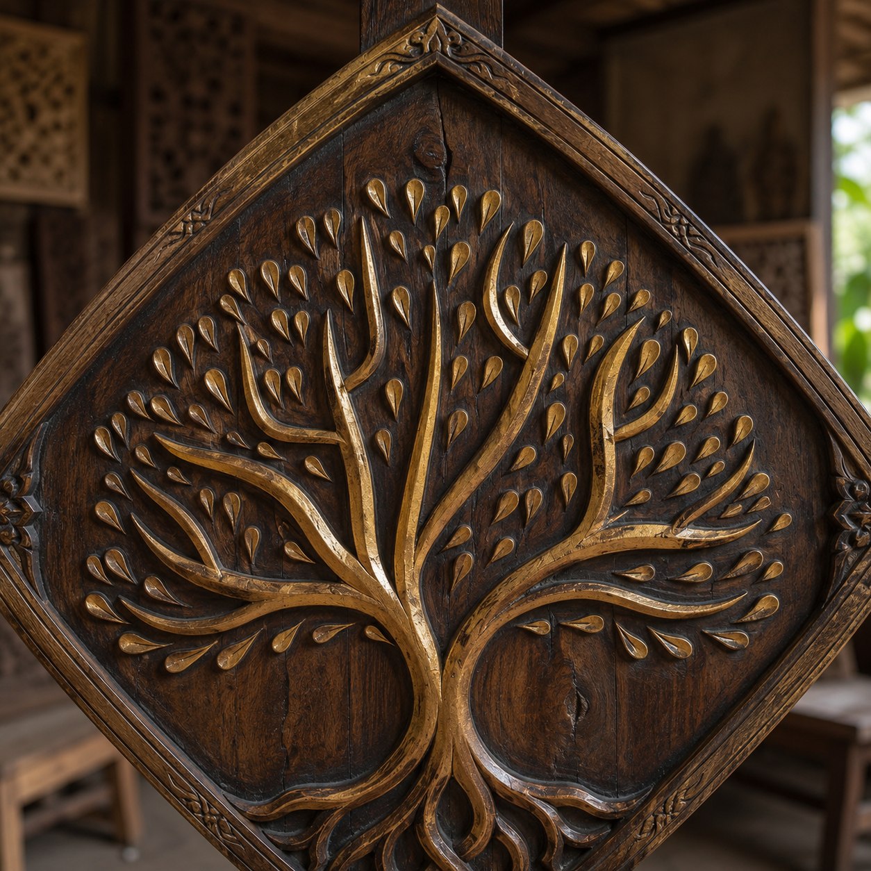 Carved wooden Tree of Life — a Majapahit-era motif symbolising the firm's deep Indonesian heritage and cross-border continuity