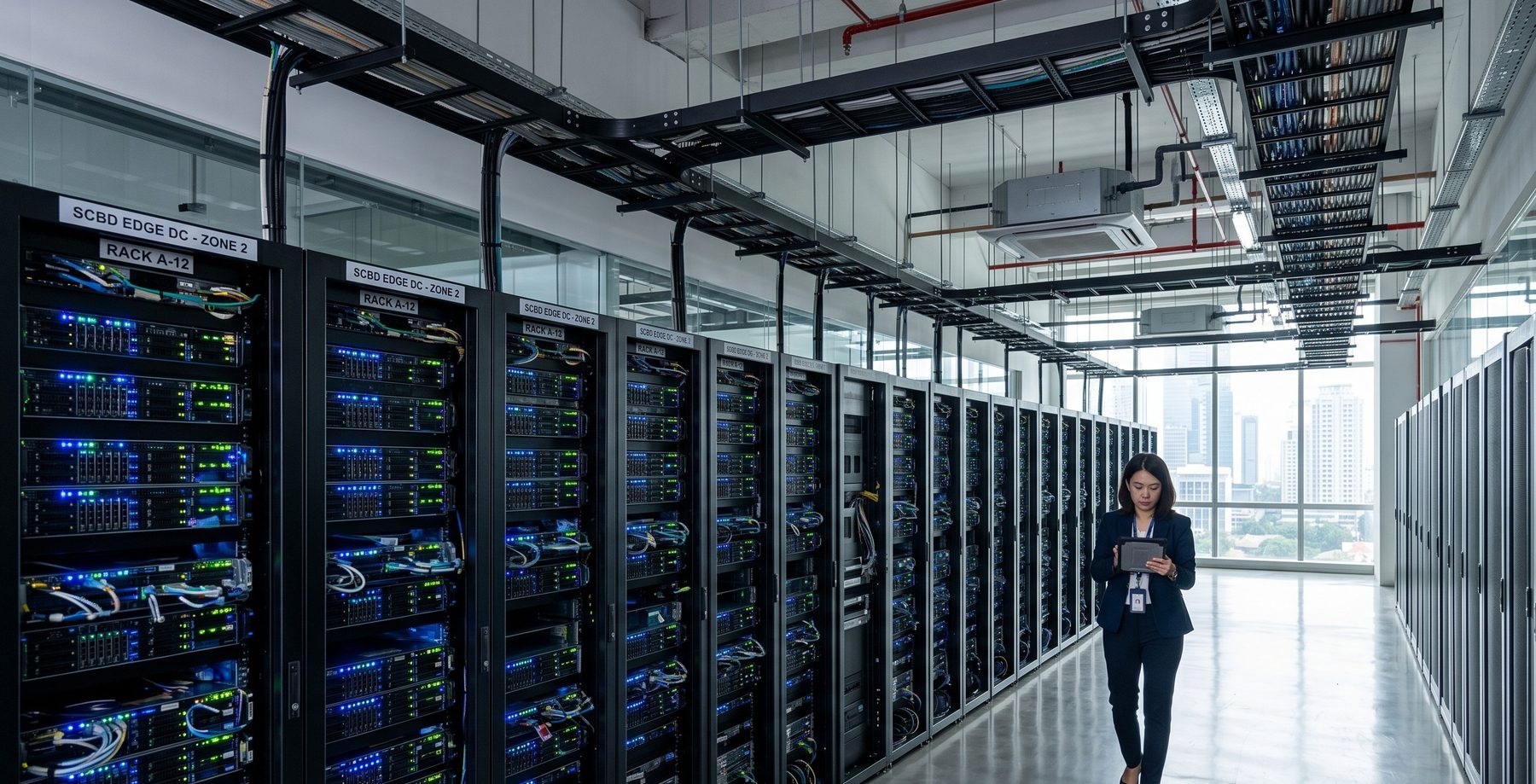 A professional walking through a modern data centre — digital infrastructure advisory in Southeast Asia