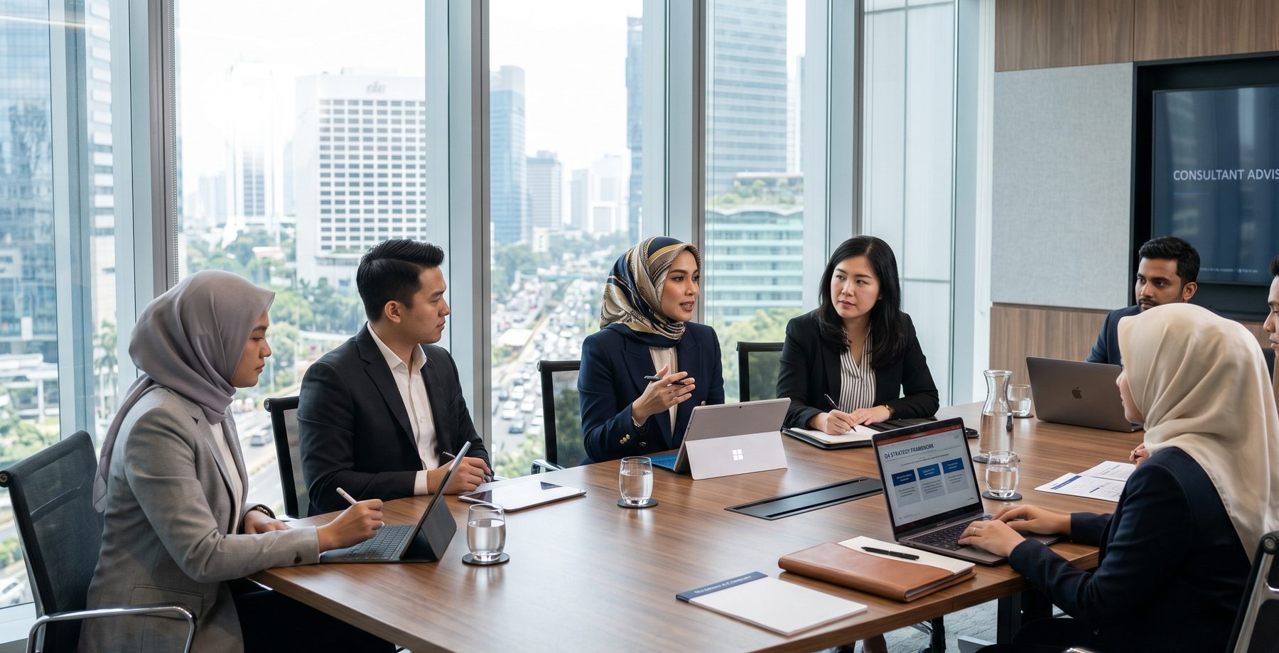 A diverse team of professionals reviewing infrastructure at a major hydropower facility — the kind of multi-disciplinary fieldwork Majapahit Group advisors engage in