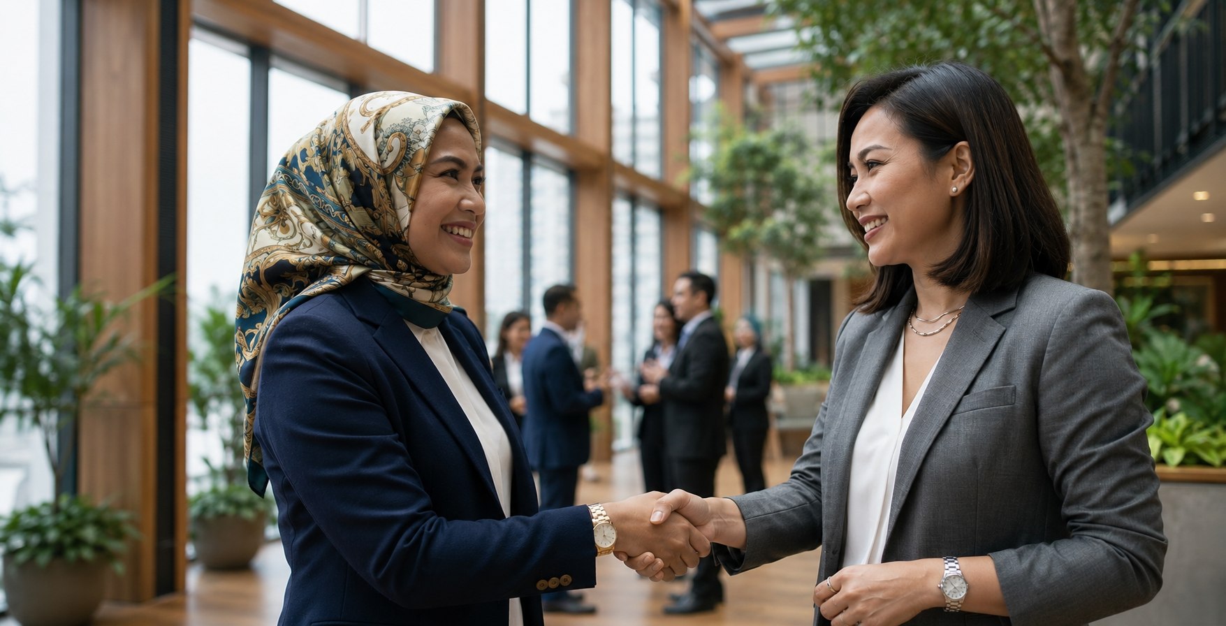 Two executives closing a cross-border transaction with a handshake in a Jakarta boardroom, Majapahit Group mergers and acquisitions advisory