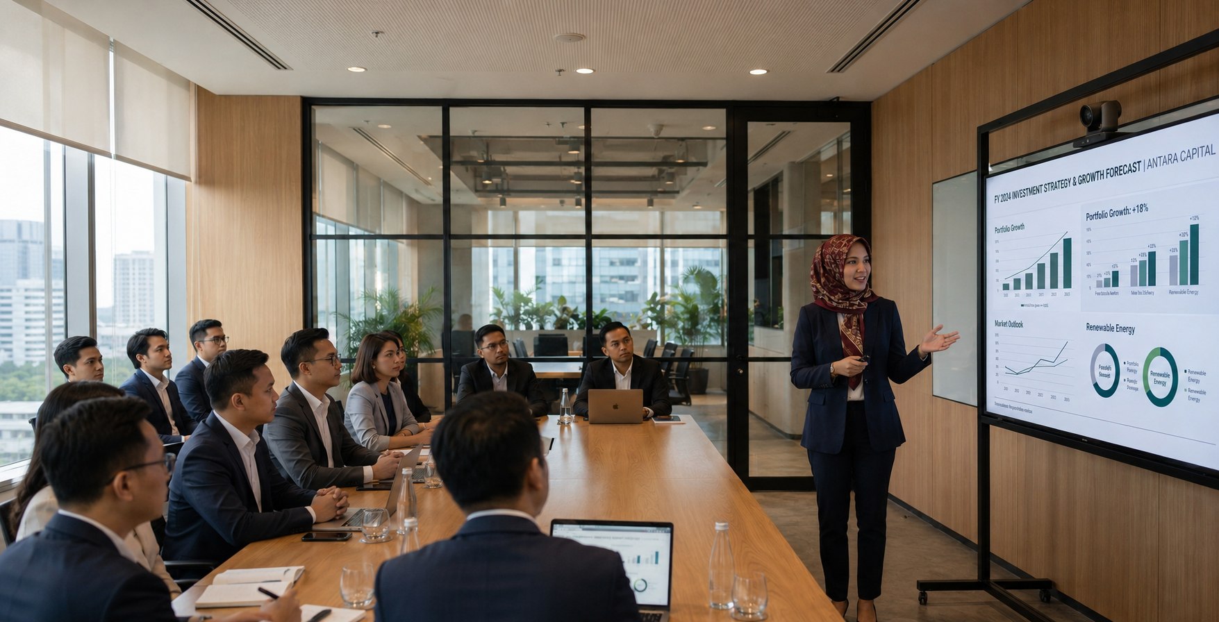 Senior Majapahit Group advisor presenting an investment strategy and growth forecast to a full boardroom in Jakarta — cross-border advisory in action