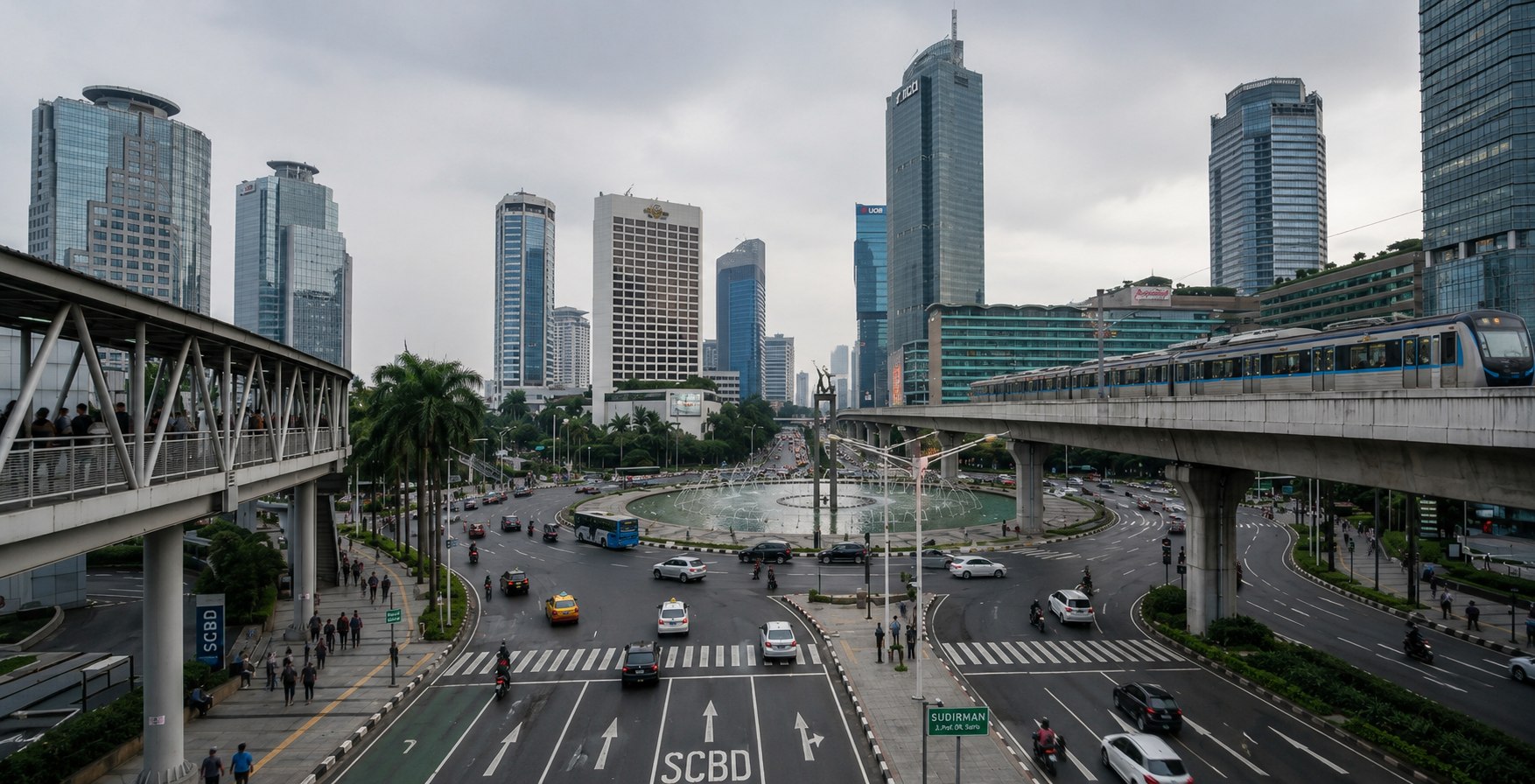 Jakarta SCBD financial district seen from the elevated MRT corridor — the heart of Indonesia's capital markets and Majapahit Group's home market