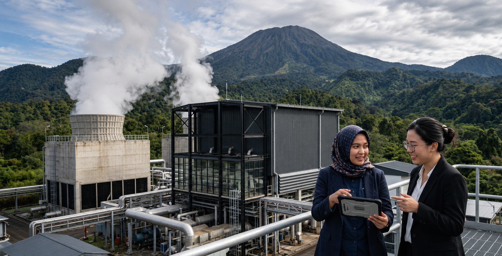 Two Majapahit Group advisors reviewing a tablet on the platform of an Indonesian geothermal power plant, with the volcano and steam stack behind them — natural resources and energy transition sector careers