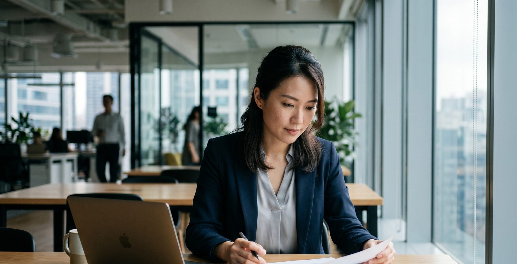 Financial advisor reviewing documents with laptop in a modern Jakarta high-rise office — Majapahit Group Accounting & Audit practice