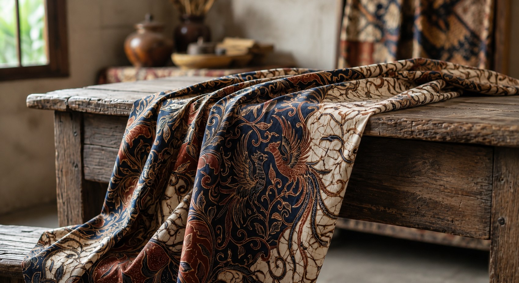 Indonesian heritage batik textile draped on a hand-crafted wooden bench — symbolising the generational wealth and cultural legacy stewarded through Majapahit Group's family office advisory